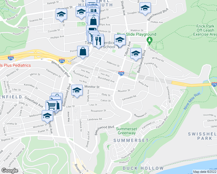 map of restaurants, bars, coffee shops, grocery stores, and more near 6366 Monitor Street in Pittsburgh