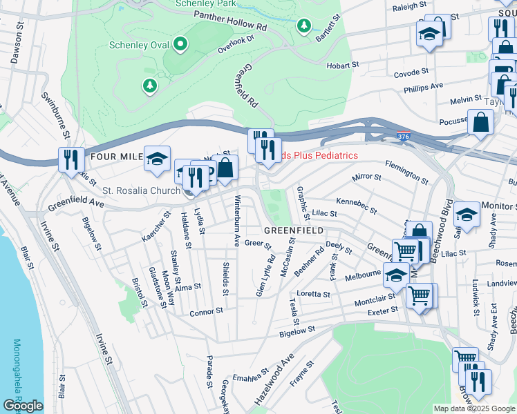 map of restaurants, bars, coffee shops, grocery stores, and more near 742 Greenfield Avenue in Pittsburgh