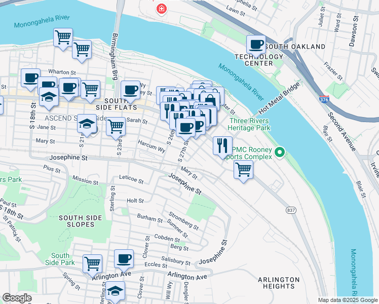 map of restaurants, bars, coffee shops, grocery stores, and more near 63 South 27th Street in Pittsburgh