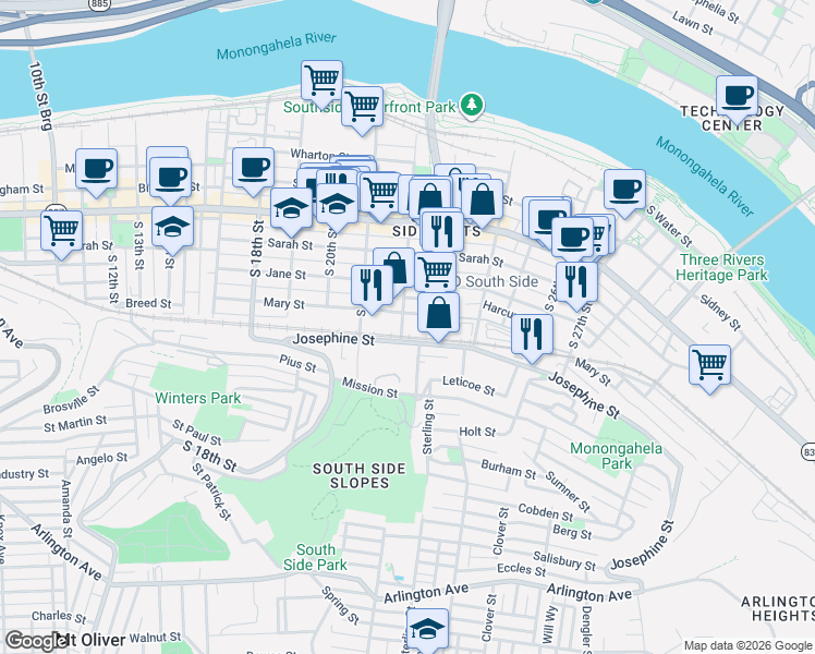 map of restaurants, bars, coffee shops, grocery stores, and more near in Pittsburgh