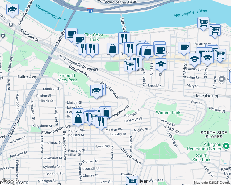 map of restaurants, bars, coffee shops, grocery stores, and more near 912 Arlington Avenue in Pittsburgh
