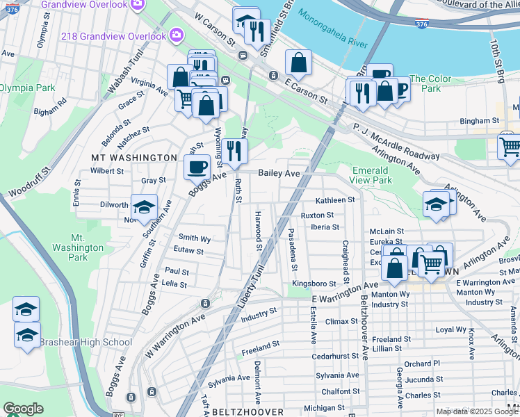 map of restaurants, bars, coffee shops, grocery stores, and more near 44 Harwood Street in Pittsburgh