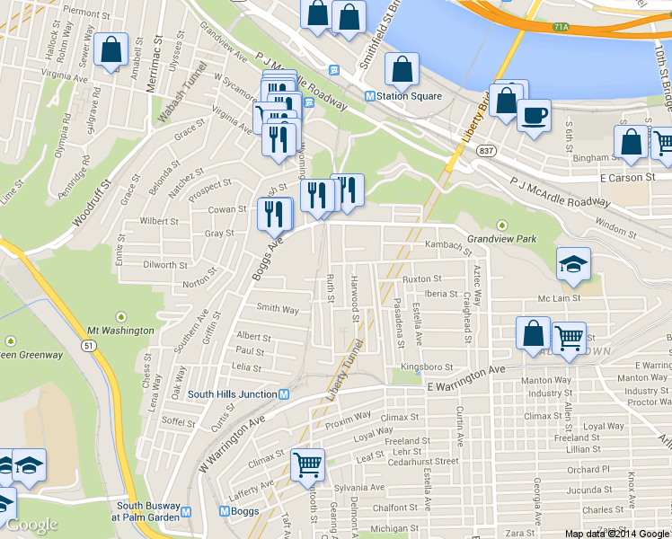 map of restaurants, bars, coffee shops, grocery stores, and more near 110 Tuscola Street in Pittsburgh