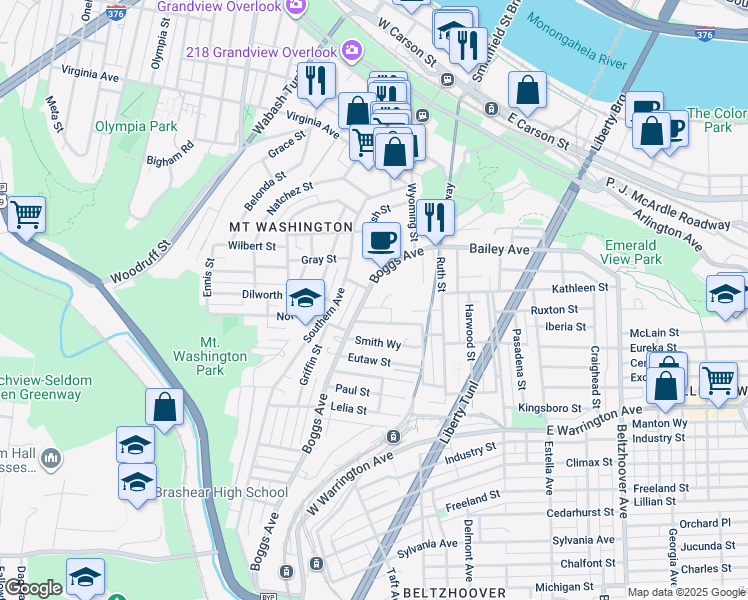 map of restaurants, bars, coffee shops, grocery stores, and more near 327 Boggs Avenue in Pittsburgh
