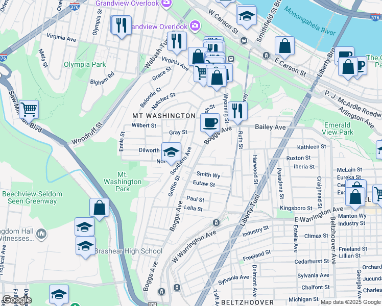 map of restaurants, bars, coffee shops, grocery stores, and more near 166 Southern Avenue in Pittsburgh