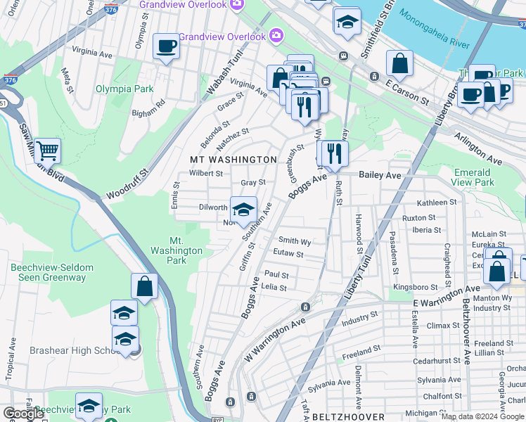 map of restaurants, bars, coffee shops, grocery stores, and more near 166 Southern Avenue in Pittsburgh