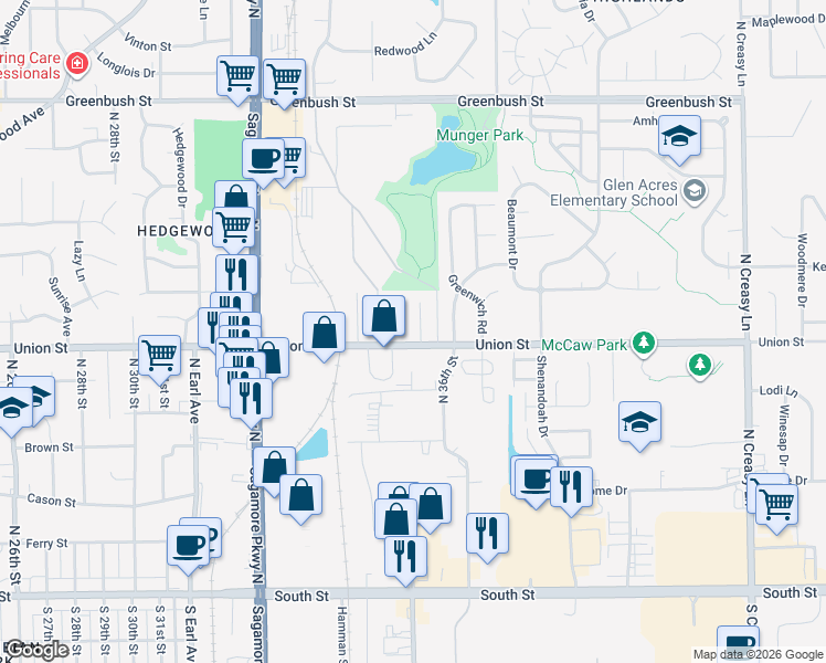 map of restaurants, bars, coffee shops, grocery stores, and more near 3532 Union Street in Lafayette