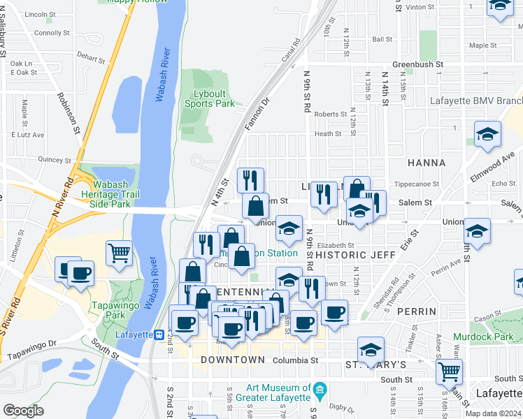map of restaurants, bars, coffee shops, grocery stores, and more near 809 North 6th Street in Lafayette