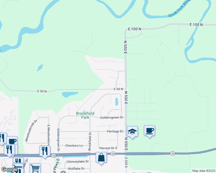 map of restaurants, bars, coffee shops, grocery stores, and more near 5328 East 50 North in Lafayette