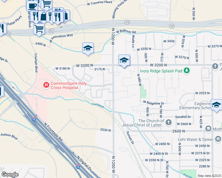 map of restaurants, bars, coffee shops, grocery stores, and more near 2974 North 1250 West in Lehi