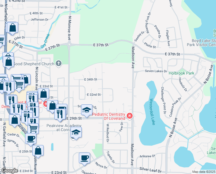 map of restaurants, bars, coffee shops, grocery stores, and more near 1040 Blue Spruce Drive in Loveland