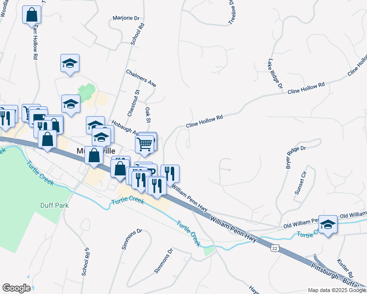 map of restaurants, bars, coffee shops, grocery stores, and more near 4956 Cline Hollow Road in Murrysville