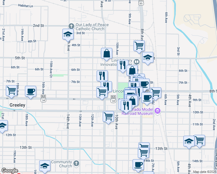 map of restaurants, bars, coffee shops, grocery stores, and more near 1024 8th Street in Greeley