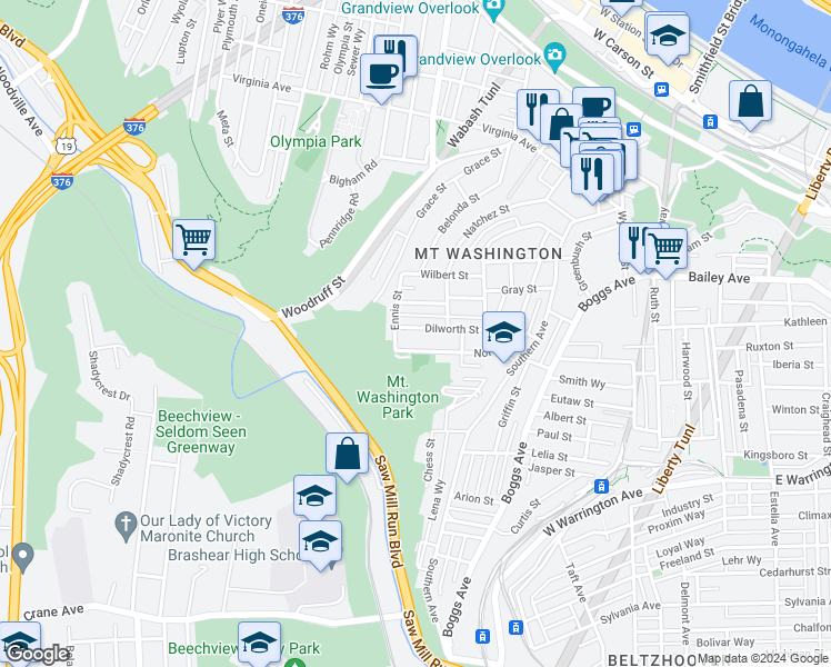 map of restaurants, bars, coffee shops, grocery stores, and more near 231 Dilworth Street in Pittsburgh