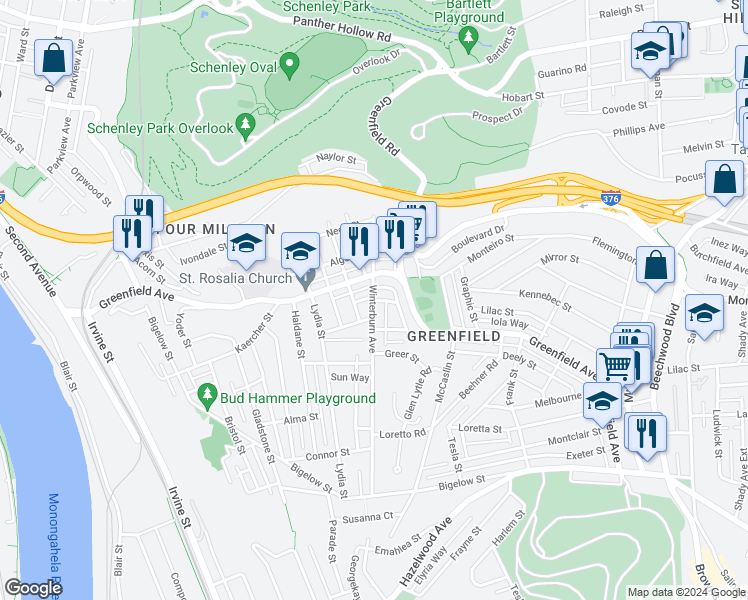 map of restaurants, bars, coffee shops, grocery stores, and more near 5 Minnesota Street in Pittsburgh