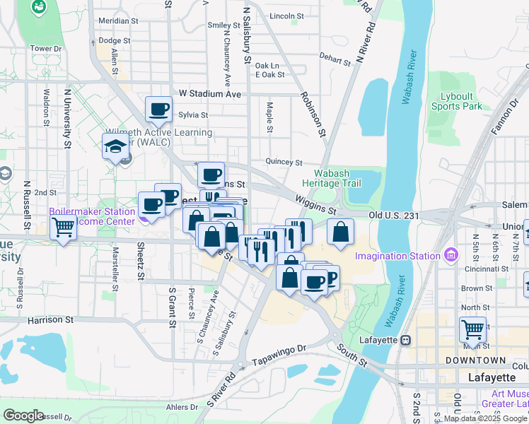 map of restaurants, bars, coffee shops, grocery stores, and more near 219 Littleton Street in West Lafayette