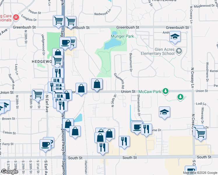 map of restaurants, bars, coffee shops, grocery stores, and more near 3532 Union Street in Lafayette