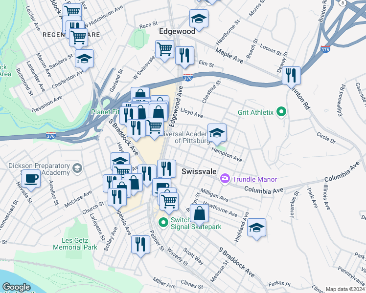 map of restaurants, bars, coffee shops, grocery stores, and more near 1937 Delaware Avenue in Pittsburgh