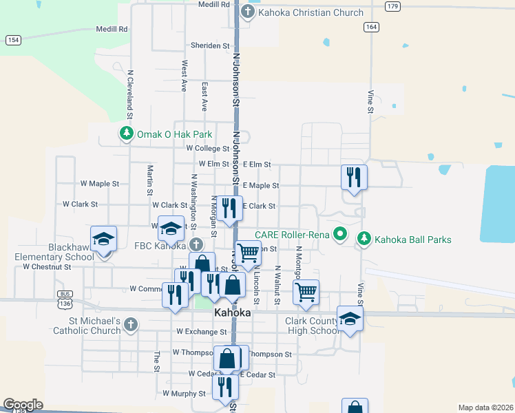 map of restaurants, bars, coffee shops, grocery stores, and more near 200 East Clark Street in Kahoka