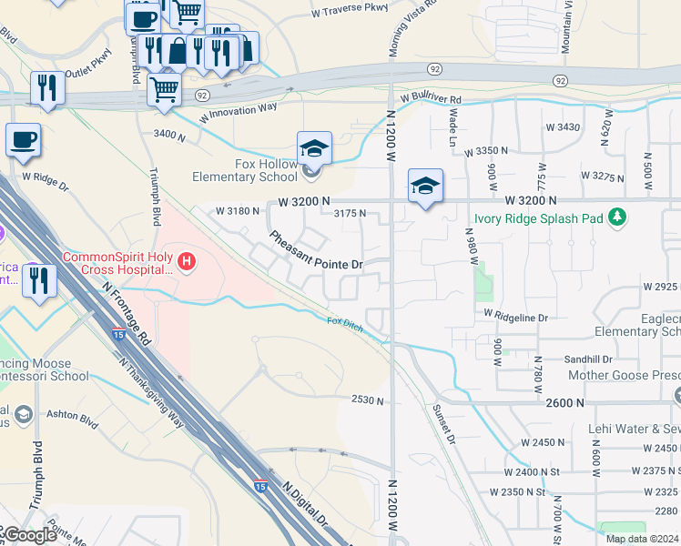 map of restaurants, bars, coffee shops, grocery stores, and more near 1346 West 3000 North in Lehi
