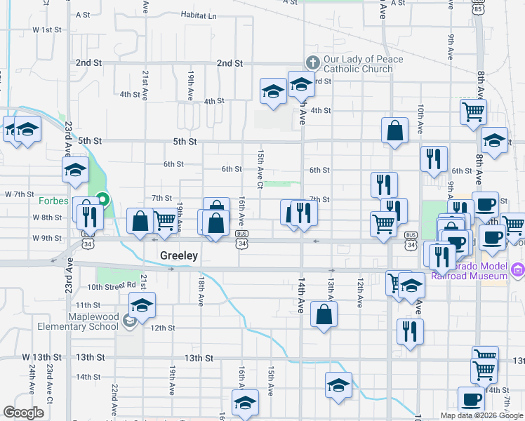 map of restaurants, bars, coffee shops, grocery stores, and more near 710 15th Avenue Court in Greeley