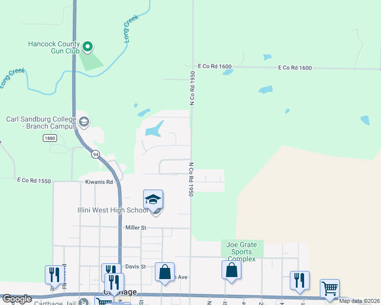 map of restaurants, bars, coffee shops, grocery stores, and more near 781 North Co Road 1950 in Carthage