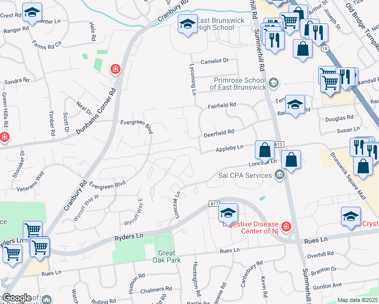 map of restaurants, bars, coffee shops, grocery stores, and more near 168 Stults Lane in East Brunswick
