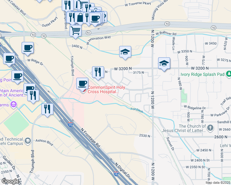 map of restaurants, bars, coffee shops, grocery stores, and more near 1529 WestBury Way in Lehi