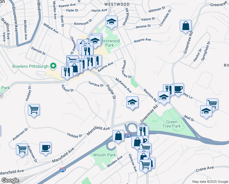map of restaurants, bars, coffee shops, grocery stores, and more near 107 Poplar Street in Crafton