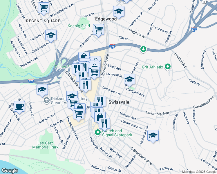 map of restaurants, bars, coffee shops, grocery stores, and more near 1935 Delaware Avenue in Pittsburgh