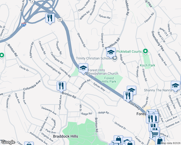 map of restaurants, bars, coffee shops, grocery stores, and more near 1821 Ardmore Boulevard in Pittsburgh