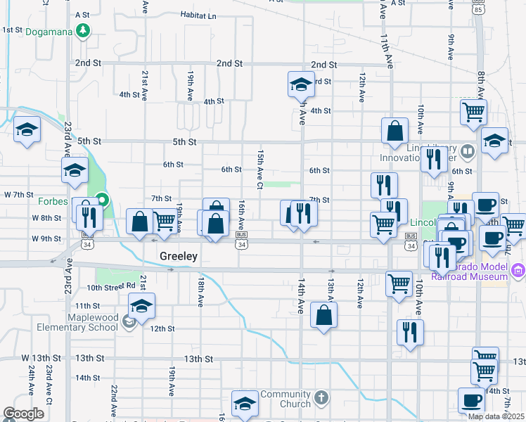 map of restaurants, bars, coffee shops, grocery stores, and more near 1511 8th Street in Greeley