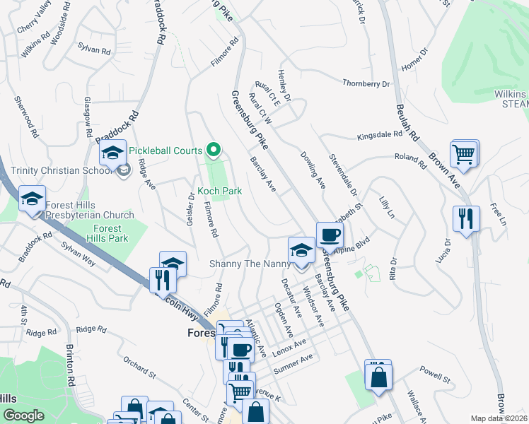 map of restaurants, bars, coffee shops, grocery stores, and more near 201 Forest Ridge Drive in Pittsburgh