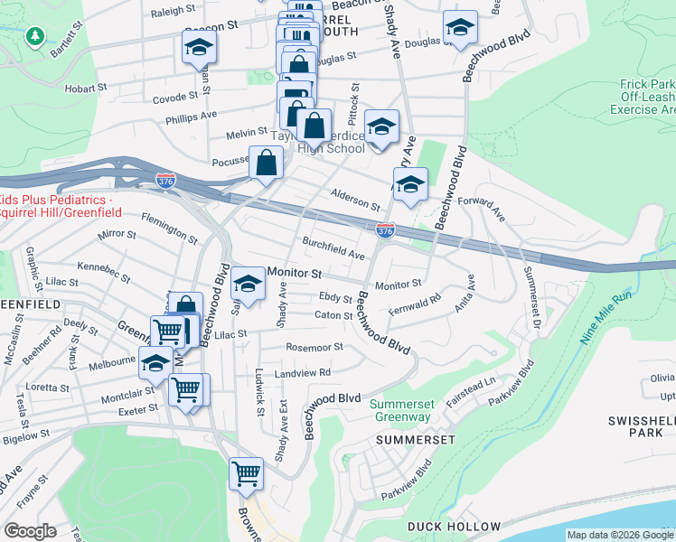 map of restaurants, bars, coffee shops, grocery stores, and more near 6366 Monitor Street in Pittsburgh