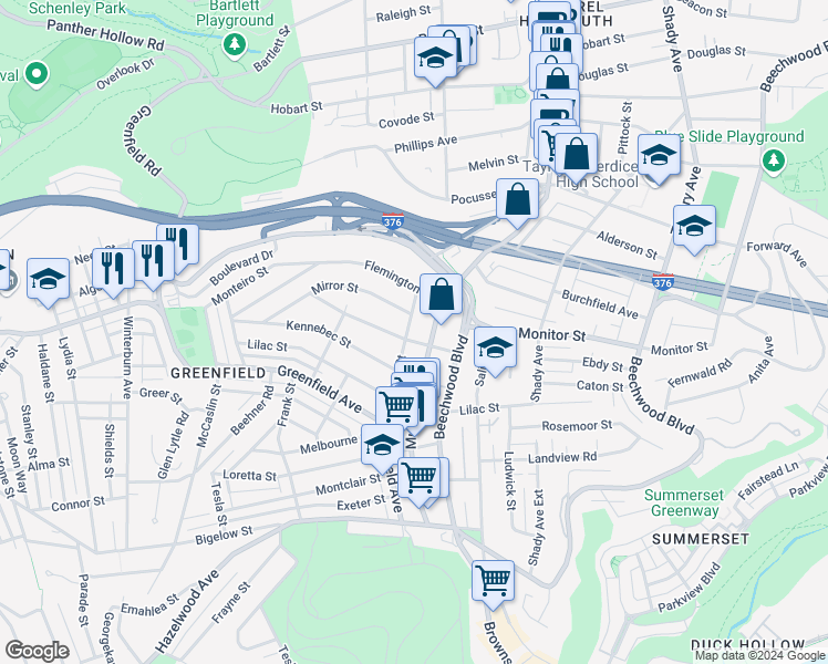 map of restaurants, bars, coffee shops, grocery stores, and more near 4103 Windsor Street in Pittsburgh