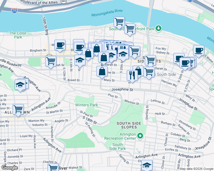 map of restaurants, bars, coffee shops, grocery stores, and more near in Pittsburgh