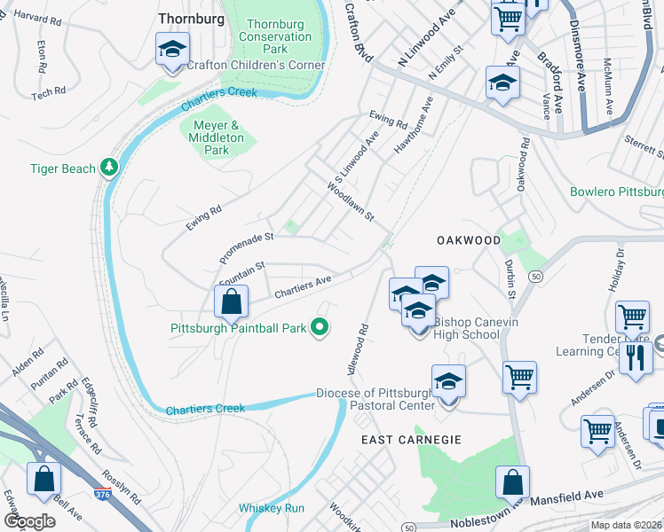 map of restaurants, bars, coffee shops, grocery stores, and more near 11 Fountain Street in Crafton