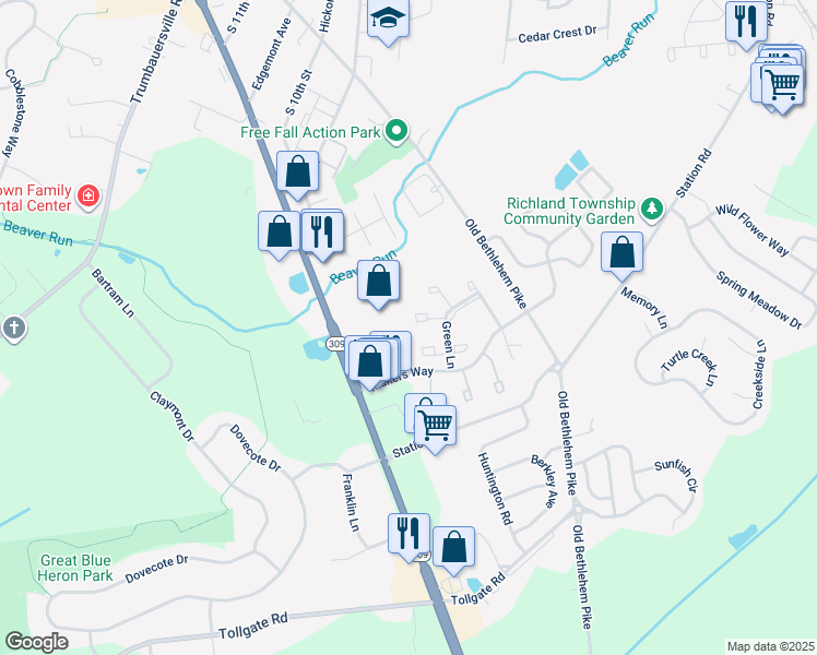 map of restaurants, bars, coffee shops, grocery stores, and more near 171 Crocus Court in Quakertown
