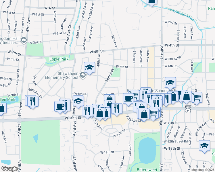 map of restaurants, bars, coffee shops, grocery stores, and more near 3832 West 7th Street Road in Greeley