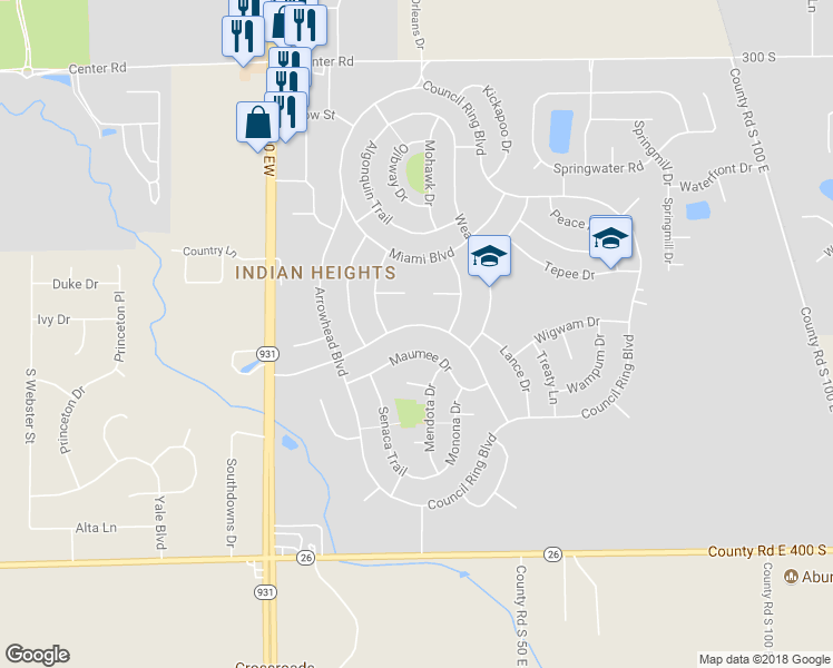 map of restaurants, bars, coffee shops, grocery stores, and more near 709 Tomahawk Boulevard in Kokomo