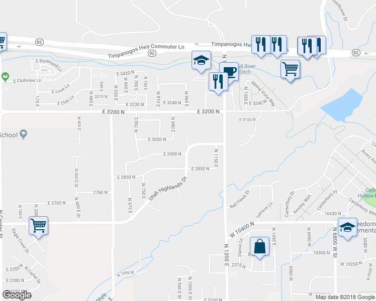 map of restaurants, bars, coffee shops, grocery stores, and more near 5549 Utah Highlands Drive in Lehi