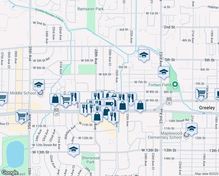 map of restaurants, bars, coffee shops, grocery stores, and more near 732 27th Avenue in Greeley