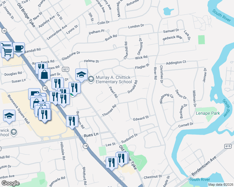 map of restaurants, bars, coffee shops, grocery stores, and more near 6 Pearl Road in East Brunswick