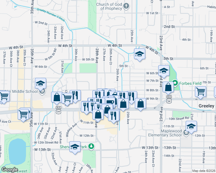 map of restaurants, bars, coffee shops, grocery stores, and more near 732 27th Avenue in Greeley