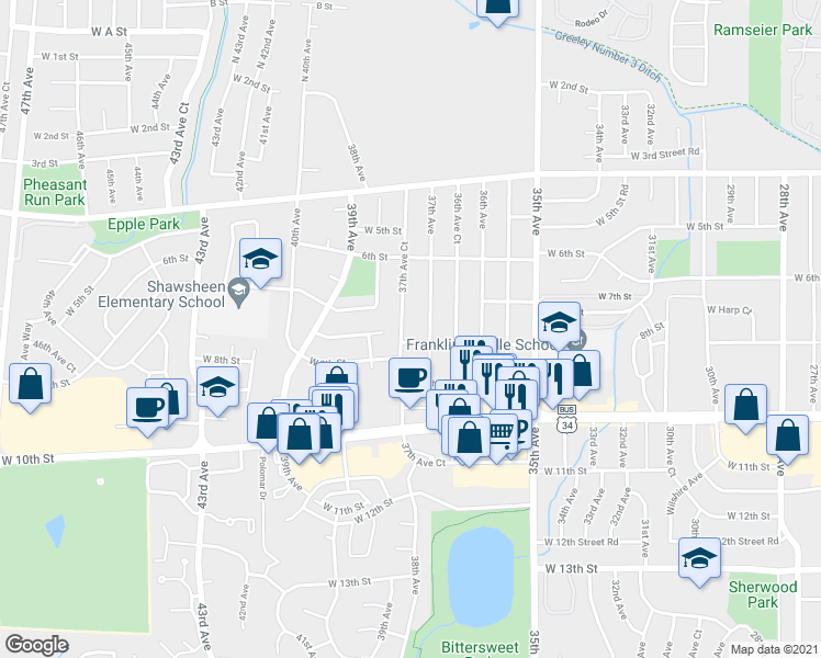 map of restaurants, bars, coffee shops, grocery stores, and more near 3723 West 8th Street in Greeley