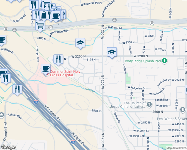 map of restaurants, bars, coffee shops, grocery stores, and more near 1265 West 3000 North in Lehi