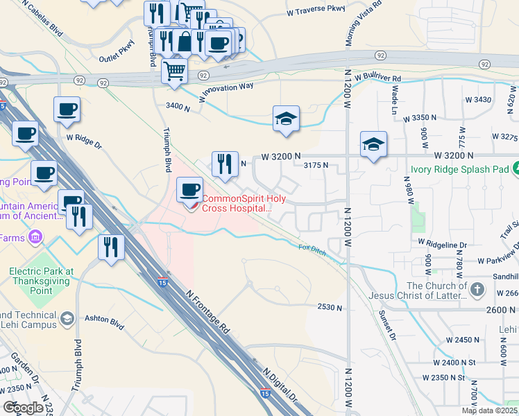 map of restaurants, bars, coffee shops, grocery stores, and more near 1551 WestBury Way in Lehi