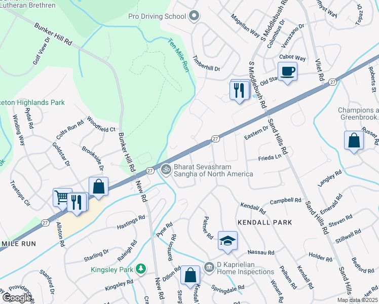map of restaurants, bars, coffee shops, grocery stores, and more near in South Brunswick Township