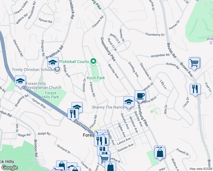 map of restaurants, bars, coffee shops, grocery stores, and more near 220 Sharon Drive in Pittsburgh