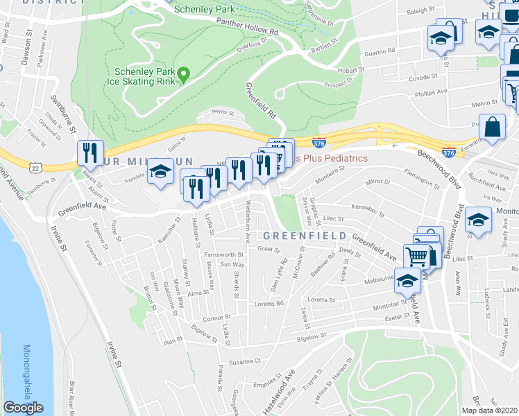 map of restaurants, bars, coffee shops, grocery stores, and more near in Pittsburgh